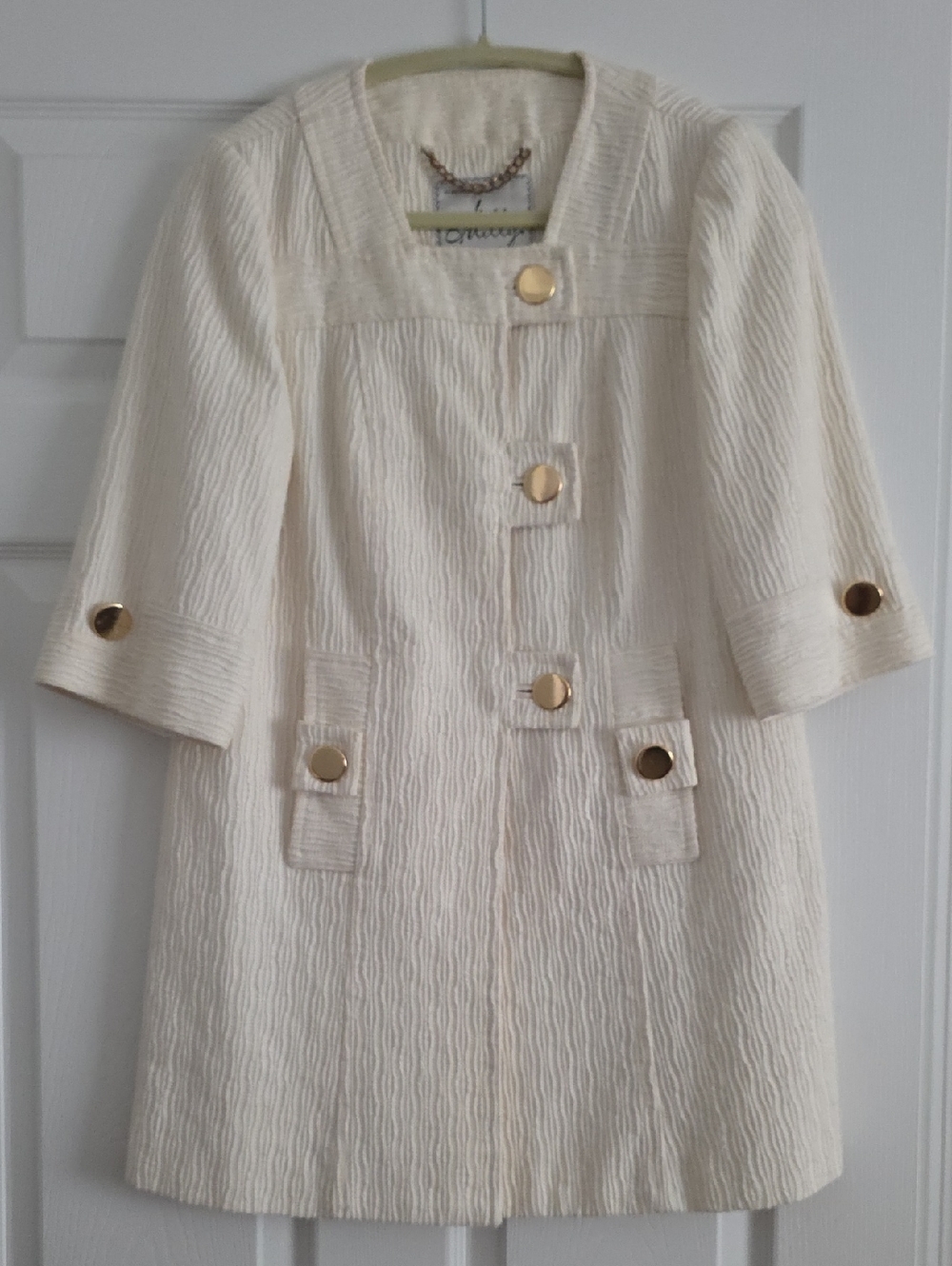 Milly Cream Textured Trench Coat with Gold Buttons